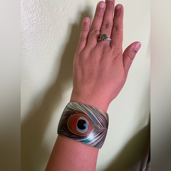 Peacock Feather Cuff Bangle and Earrings - Picture 2 of 13